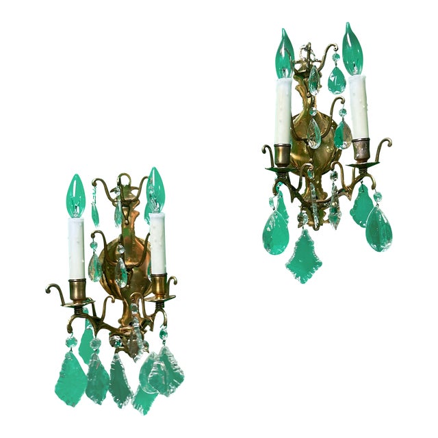Pair of 1970s Brass Sconces With Crystals For Sale