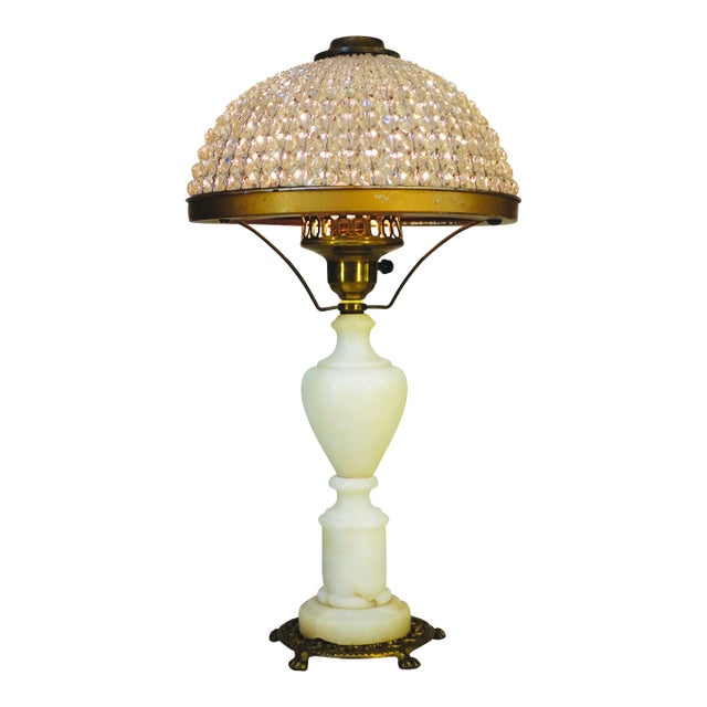 Victorian Hurricane Urchin Glass Ball Dome Shade Brass Marble Table Lamp 1920's For Sale