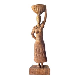 Vintage Roger François Haitian Carved Wood Market Woman Sculpture, Signed, 1970s For Sale