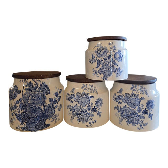 Four Vintage English Blue and White Storage Canisters For Sale