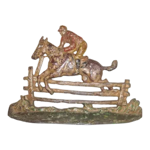 Vintage Cast Jockey Horse Jumper Fence Doorstop Original Paint 1930