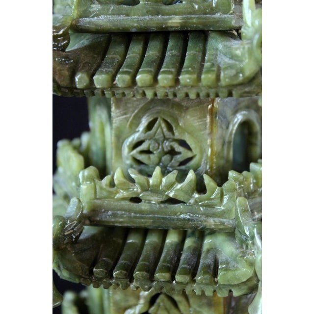 Vintage Chinese Jade Pagoda Sculpture – Hand-Carved Multi-Tier Celadon Green Temple Tower, Asian Feng Shui Decorative Stone Figurine on Red Wood Stand For Sale - Image 16 of 17