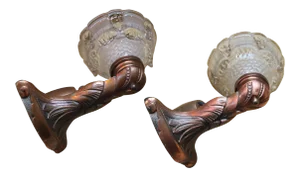 1920s French Art Deco Detailed Copper with Frosted Art Glass Sconces Attributed to Atelier Petitot - a Pair
