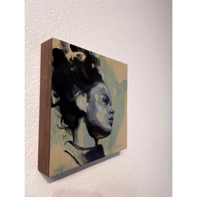 Figurative Headstrong by Ryan Morse | Oil on panel Portrait of a woman's profile with abstract background For Sale - Image 3 of 3