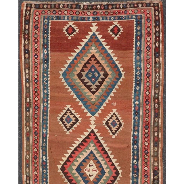 Antique Persian Kurdish Kilim Gallery Runner With Geometric Medallion Design For Sale - Image 4 of 12
