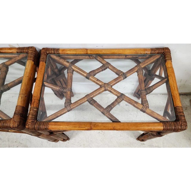 French Bamboo Rattan Glass Side End Tables 1960s - a Pair For Sale - Image 4 of 12