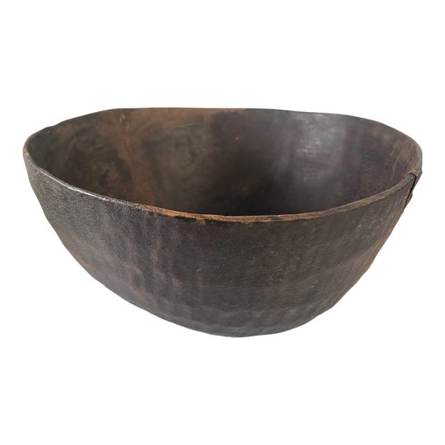 African Hausa Wooden Bowl From Niger W/ Lg Glass Beads 13.5"h For Sale