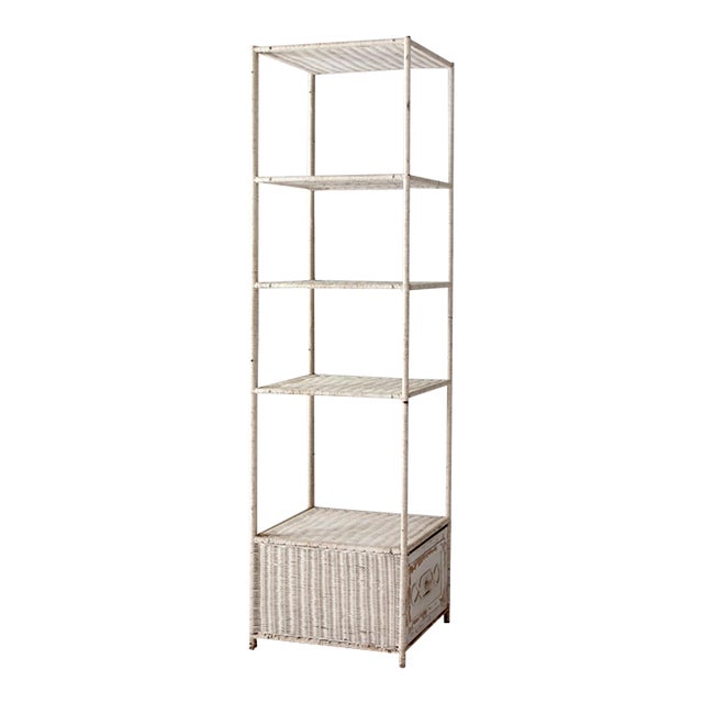 Vintage White Wicker Etagere Shelf With Drawer For Sale
