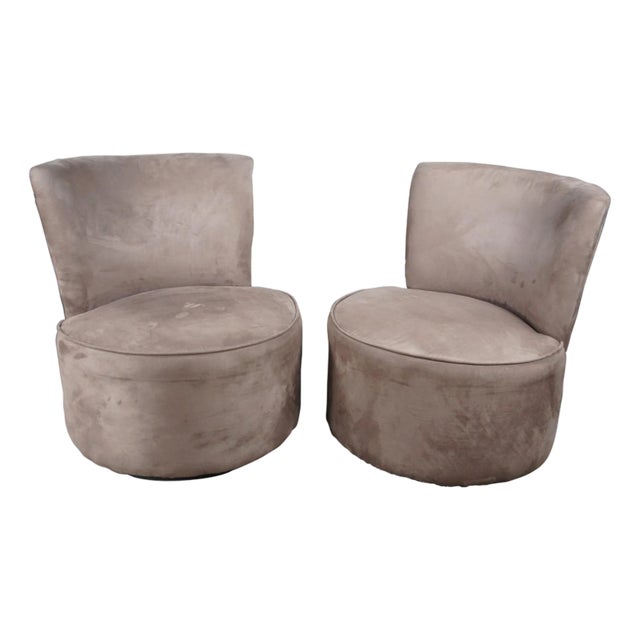 Pair of Vintage Modern Rotating Microfiber Slipper Accent Chairs For Sale