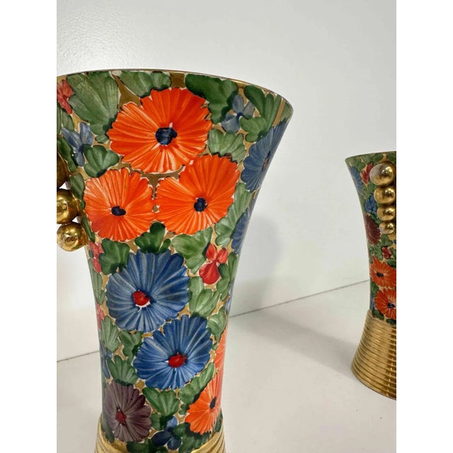 Green Italian Art Deco Flowers Painted Ceramic Vases, 1940s, Set of 2 For Sale - Image 8 of 10