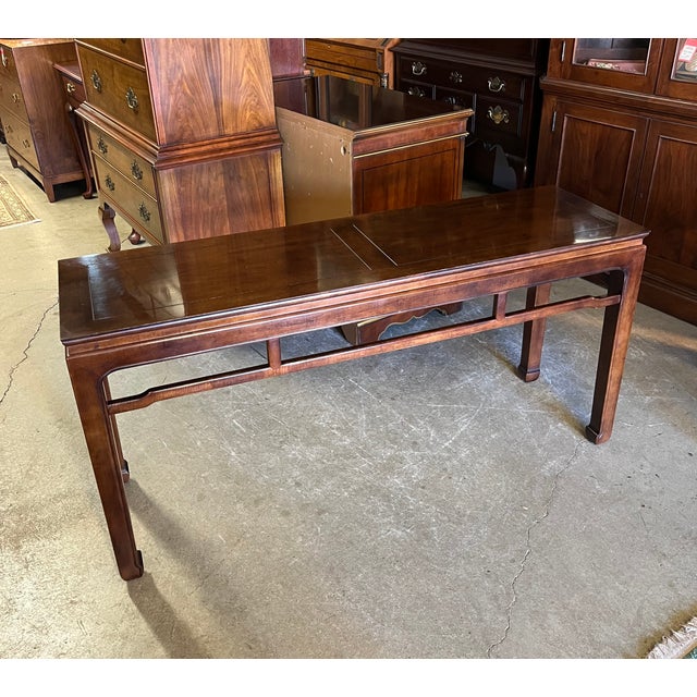 High quality Chinoiserie Ming style sofa or console table by Henredon. Bookmatched top panels, with Asian inspired...