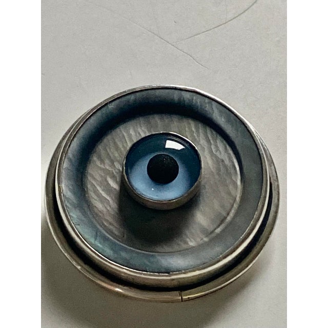 Sterling Silver Evil Eye Brooch Pin Amulet Wood Display Pedestal (Cabinet of Curiosities) For Sale - Image 9 of 11