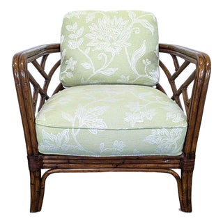 Rattan Lounge Chair With Floral Green Cushions For Sale