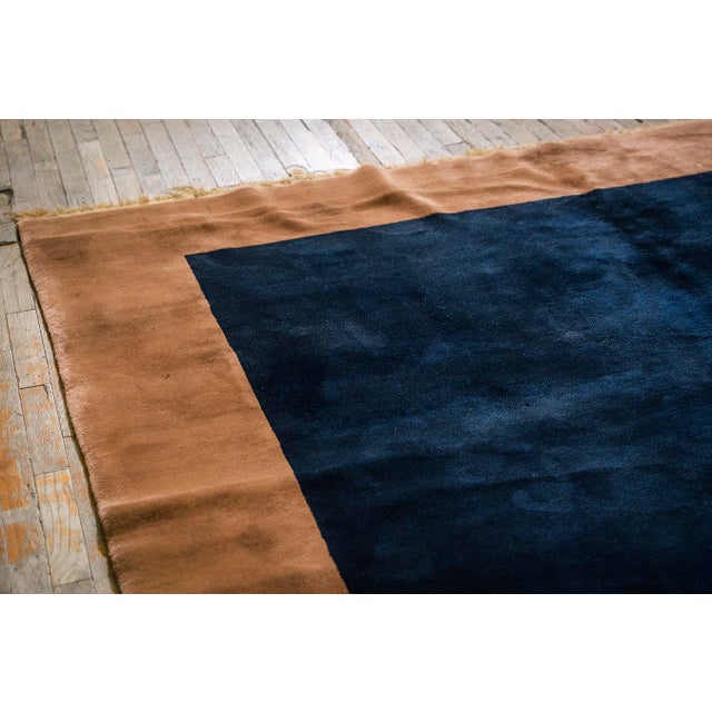 1920s Navy Open Field Floral Modern Knotted Wool Antique Chinese Art Deco Rug For Sale - Image 4 of 8