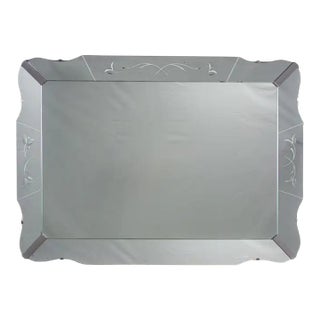 1930-1950’s Art Deco Large Wall Mirror Rectangular W/Curved Sides & Etched Venetian Glass For Sale
