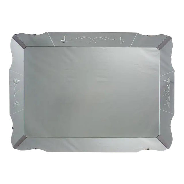 1930-1950’s Art Deco Large Wall Mirror Rectangular W/Curved Sides & Etched Venetian Glass For Sale
