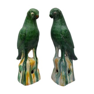 Green Terracotta Majolica Parrots - Pair For Sale