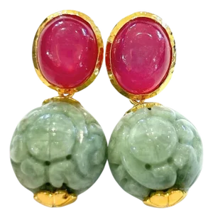 Bochic "Orient" Red Ruby & Carved Vintage Mint Jade Earrings 18K Gold & Silver