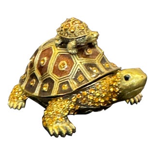 Bejeweled Turtle & Baby Trinket Box Enameled Crystal Goldtone Mother Child VTG For Sale