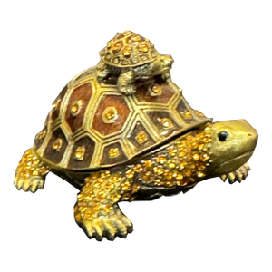 Bejeweled Turtle & Baby Trinket Box Enameled Crystal Goldtone Mother Child VTG