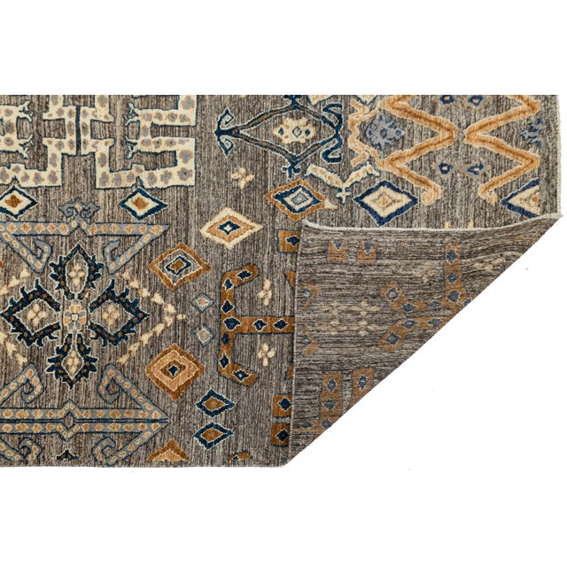 Tribal Modern Tulu Tribal Wool Rug – Geometric Charcoal, Tan & Slate Blue 9x12 For Sale - Image 3 of 11