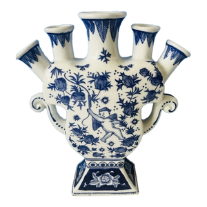 Vintage Chinoiserie Porcelain Hand Painted Blue & White Tulip Vase