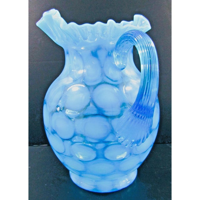 1950s Vintage Fenton Blue Opalescent Coin Spot Glass Pitcher and 4 Tumblers Set For Sale - Image 5 of 17