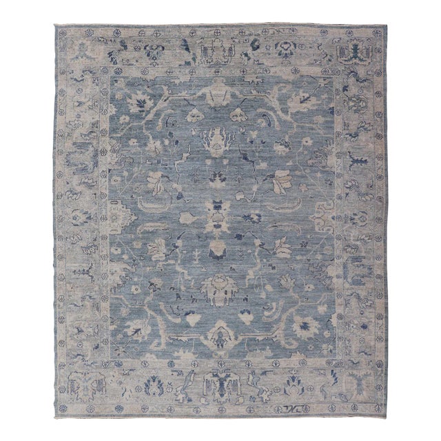 Turkish Angora Oushak Rug by Keivan Woven Arts, Dusty Blue, 9'2" X 11'7" For Sale