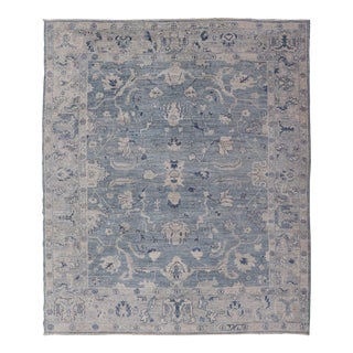 Turkish Angora Oushak Rug in Dusty Blue Background and Silver Border 9'2 X 11'7 For Sale