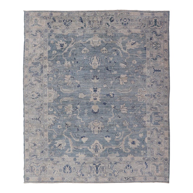 Turkish Angora Oushak Rug in Dusty Blue Background and Silver Border 9'2 X 11'7 For Sale