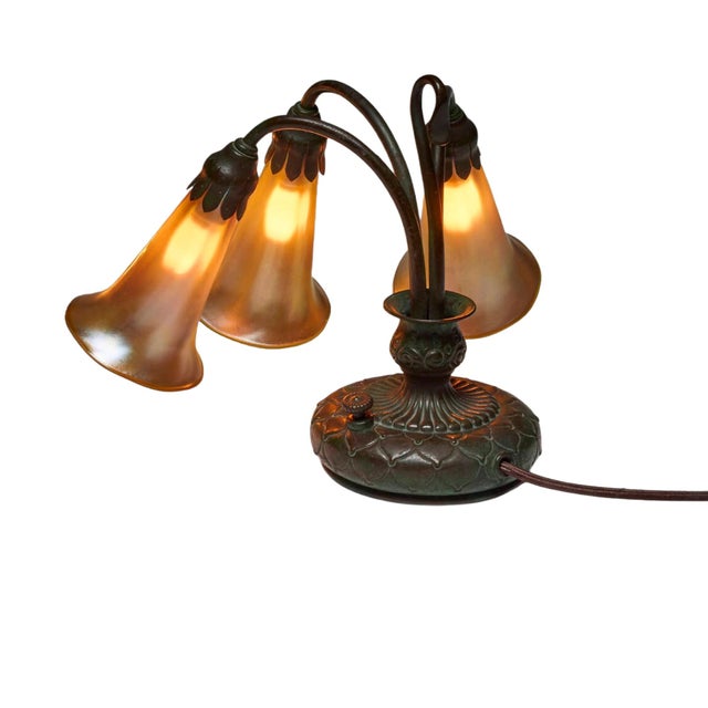 Tiffany Studios Antique Tiffany Studios Three-Light Lily Piano Lamp New York, Circa 1910 For Sale - Image 4 of 10