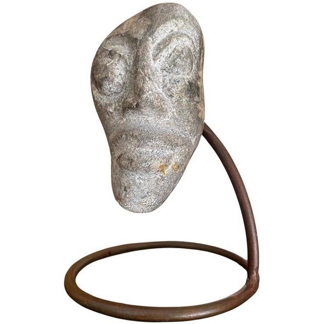 Surrealist Carved Stone Face Sculpture Steel Base Tribal Style Raw Wood Pedestal For Sale - Image 9 of 17
