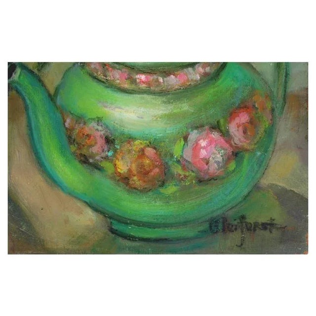 Vase of Lilies & Teapot Still Life Painting For Sale - Image 4 of 4