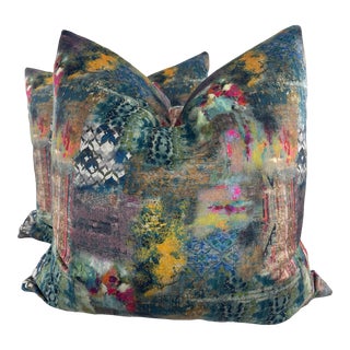 Ikat Collage Printed Velvet 22" Pillows-A Pair For Sale