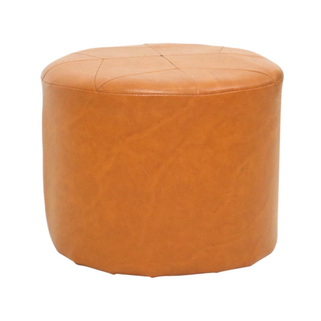 1960s Vintage Round Pouf in Brown Skai and Leather Star Motif, 1960s For Sale - Image 5 of 11
