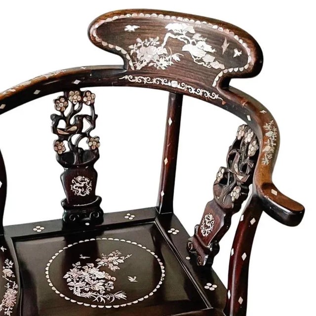 Vintage Chinese Dark Rosewood Mother of Pearl Inlay Corner Chair For Sale - Image 4 of 10