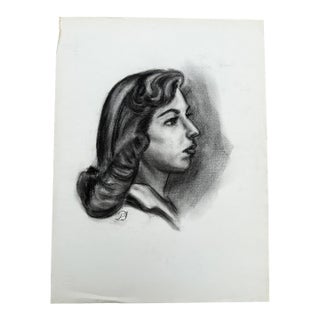 Vintage Charcoal Portrait Drawing of a Woman With Headband and Swept Curls For Sale