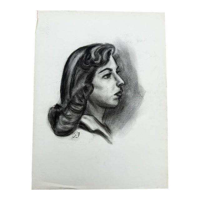 Vintage Charcoal Portrait Drawing of a Woman With Headband and Swept Curls For Sale
