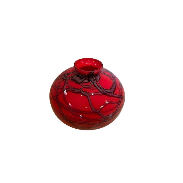 Mid-Century Modern Vintage Czech Art Deco Red Cased Glass Orb Vase With Black Web Drizzle Pattern Attributed to Kralik Glassworks For Sale - Image 3 of 12
