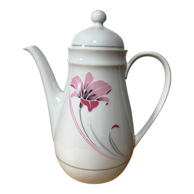 1980s Arzberg Germany Coffee/Tea Pot & Lid - Large Pink Lily Flower & Gray Leaves For Sale