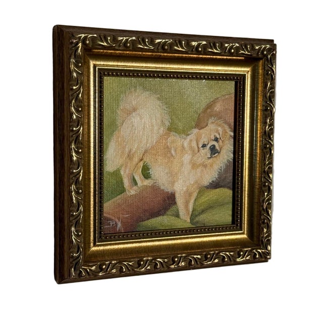 Realism Late 20th Century Small Gold Framed Tibetan Spaniel Dog Oil Painting, Signed For Sale - Image 3 of 8