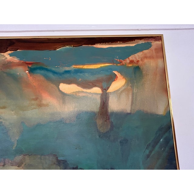 This is a striking mid-century abstract landscape oil painting featuring fluid layers of deep teal, warm ochre, rust-...