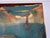 This is a striking mid-century abstract landscape oil painting featuring fluid layers of deep teal, warm ochre, rust-...