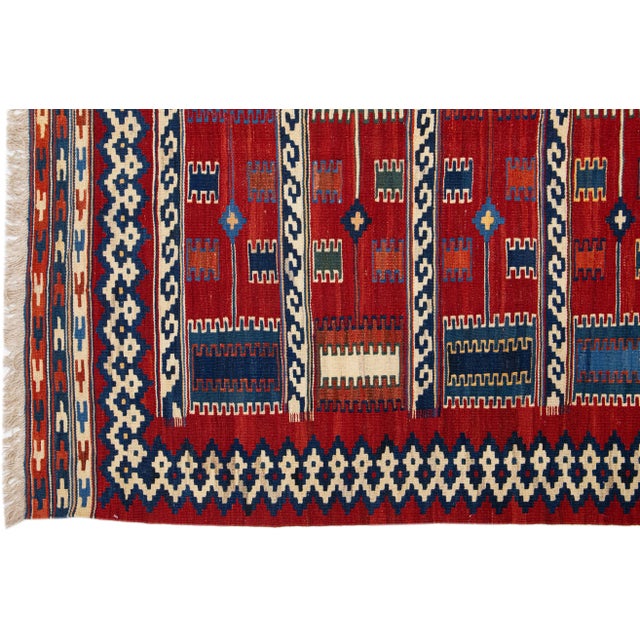 1960s Vintage Kilim Handmade Red Geometric Wool Rug For Sale - Image 4 of 7