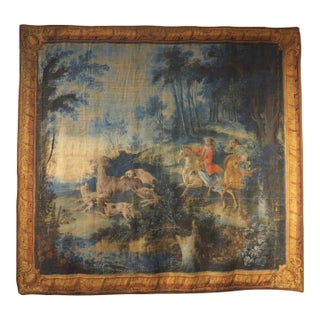 A Large 18th Century French Toile Peinte of a Stag Hunt in the Forest For Sale