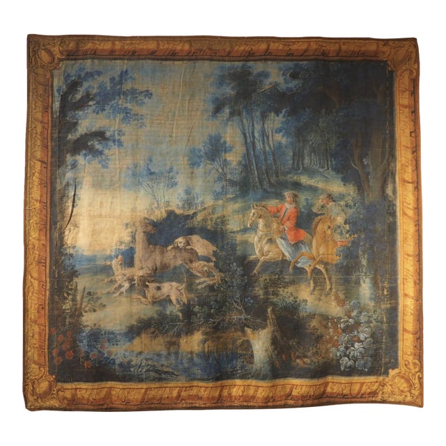 A Large 18th Century French Toile Peinte of a Stag Hunt in the Forest For Sale