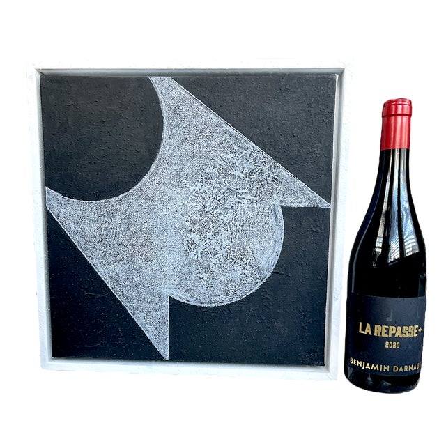 Vintage Modern Black and White Lunar Geometric Abstract Mixed Media Painting in Minimalist White Frame For Sale In Jacksonville, FL - Image 6 of 7