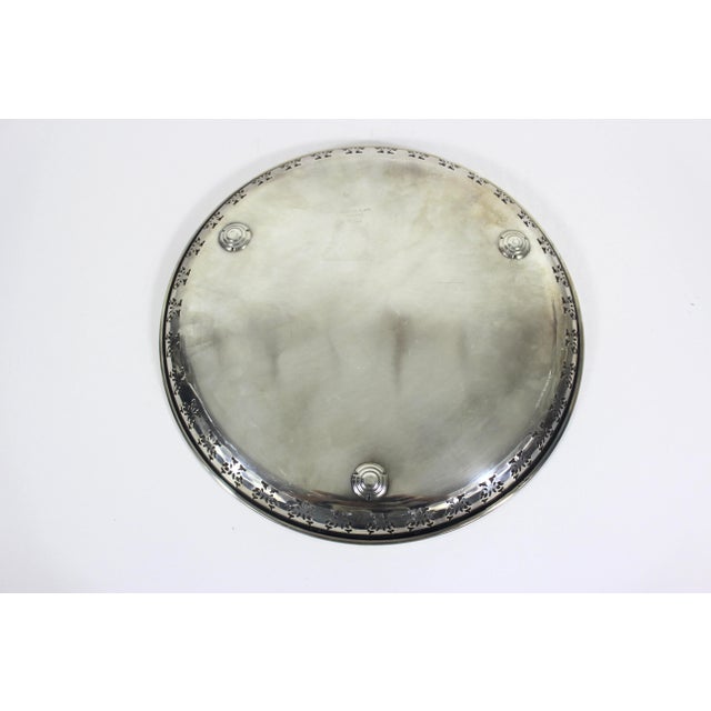 Metal Vintage Large Round Silver Plated Tray With Small Feet Pierced Side Plate Embossed For Sale - Image 7 of 8