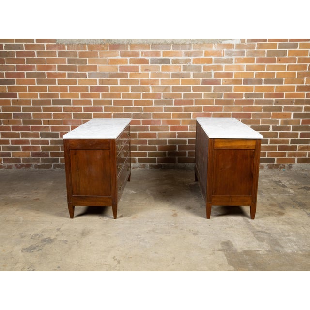 Pair of French 19th Century Three-Drawer Walnut Commodes with White Marble Tops For Sale - Image 9 of 12