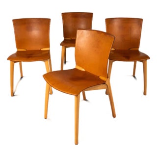 Set of Four (4) Patinaed Italian Scadinavian Modern 'Cos' Dining Chairs in Beech & Leather by Josep Lluscà for Cassina, Italy, C. 1990s For Sale